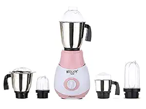 MasterClass Sanyo Riaa 750W Mixer Grinder with 3 Stainless Steel Jars and 2 Bullet Jars (1 Wet Jar, 1 Dry Jar, 1 Chutney Jar and 2 Bullet Jars), Pink-White.Make in India(ISI Certified)