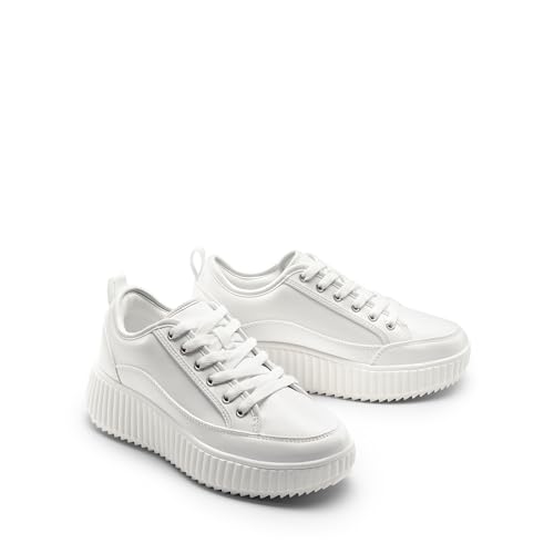 DREAM PAIRS Women Platform Chunky Lightweight Comfortable Casual Lace-Up Sky Walking Fashion Sneakers,Size 7,White/Pu,SDFN2415W