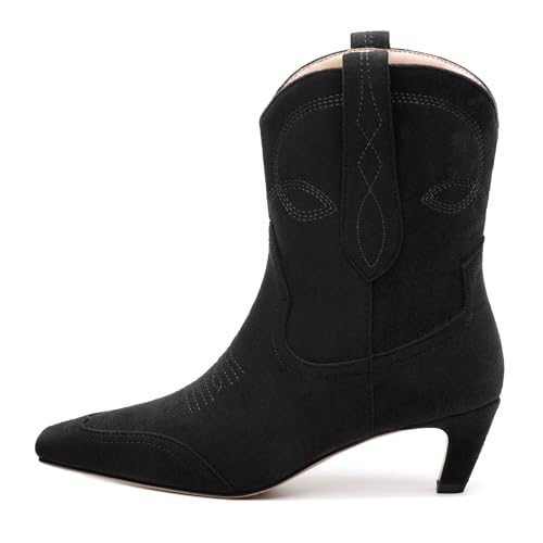 WAYDERNS Women's Cowboy Ankle Boots Western Low Kitten Heel Square Toe 2 Inch Short Booties Comfortable Casual Prom Party Pull on Fall Winter Shoes2