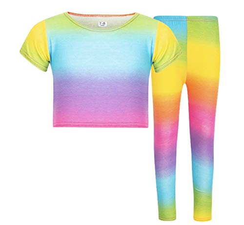 Image of Mini Mart Online Limited Girls Kids Multi Rainbow Short Sleeves Crop Belly Top Set Dance Outfit Set