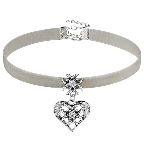 Herdear Bierfest Damen Trachtenkette Herz Edelweiß Halskette Elegantes Kropfband mit Strasssteinen Herz und Edelweiß Anhänger(Hellgrau)