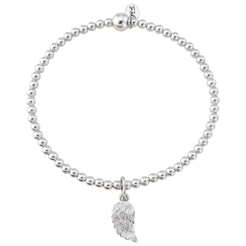 TRINK Brand Angel Wing Charm Sterling Silver Beaded Bracelet Feathers