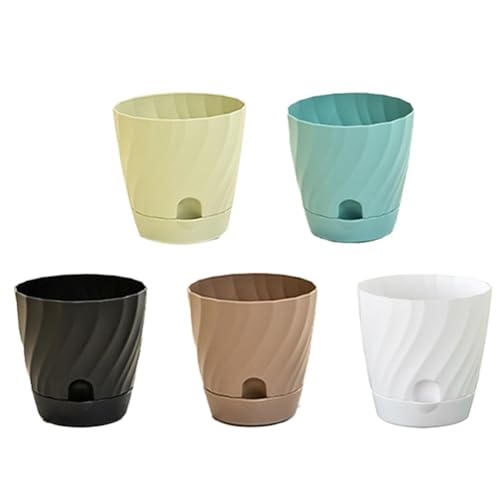 FUANA Macetas con agujeros de drenaje, paquete de 5 macetas decorativas de plástico con base de almacenamiento de agua, colores mixtos para uso en interiores y exteriores, tamaño grande