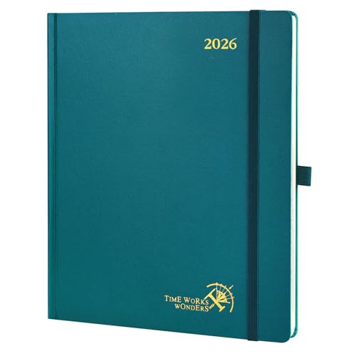 POPRUN Agenda 2026 Semana Vista Grande 26,5 x 21,5 cm, Tapa Dura en Planificador 12 Meses de Ene 2026 a Dic 2026, Portabolígrafos, 100 GSM Papel, Verde Pacifico