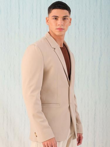 Image of The Indian Garage Co Men Comfort Straight Fit Solid Stretchable Single Breated Knitted Blazers