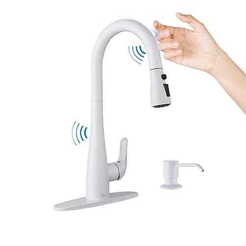 HGHGK Touch on Kitchen Faucet with Soap Dispenser and Pull Down Sprayer - Single Handle Kitchen Sink Faucet, 1 or 3 Hole Design for Modern Farmhouse Kitchens, Rv, and Bar Sinks (White)
