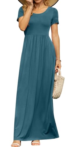 Image of DB MOON Womens 2026 Casual Summer Maxi Dresses Short Sleeve Empire Waist Spring Long Dress with Pockets(Turquoise, XL)
