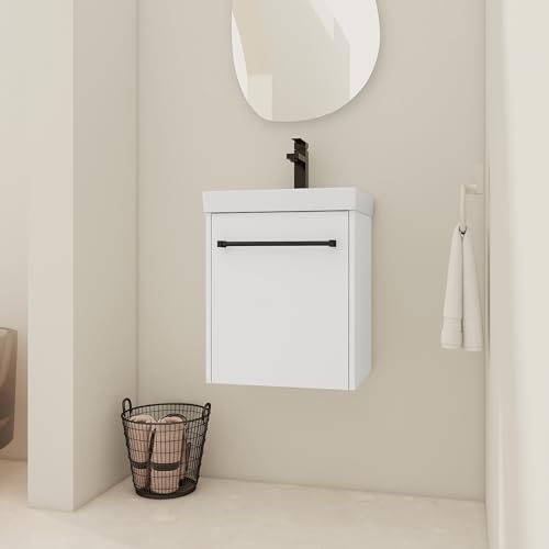 KEIKI 18'' Bathroom Vanity Cabinet with Sink, Wall Mounted Floating Bathroom Vanity with Soft-Close Cabinet Door, for Small Bathroom, Glossy White by KEIKI - Used condition - US$152.28