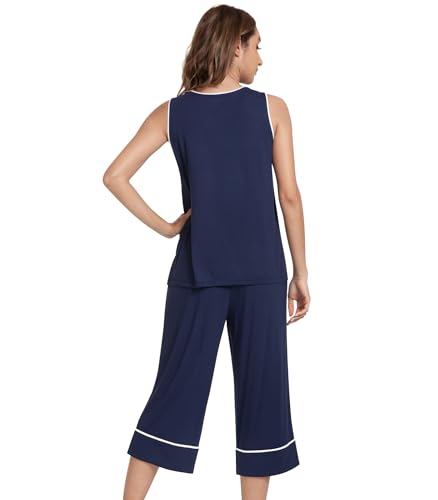 Image of NACHILA Pajamas Set for Women-Viscose Made from Bamboo, Tank Top with Capri Pants Pajama Cool Sleepwear Sleeveless Pjs