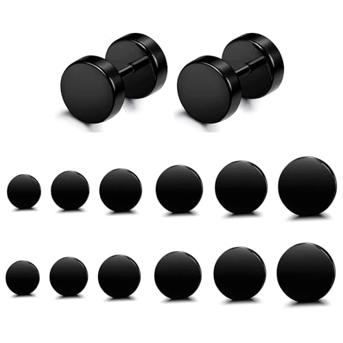 FIBO STEEL 6 Pairs Stainless Steel Black Stud Earrings for Men Women Faux Gauges Ear Tunnel Fake Gauge Earrings 3-8mm Black
