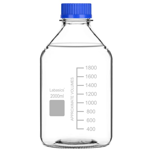 Labasics Runden Medien Aufbewahrungsflaschen mit GL45 Blauer Schraubverschluss, Glas Klar Weithals Graduiert Runde Laborglasflasche zur Aufbewahrung von Reagenzmedien, 2000 ml