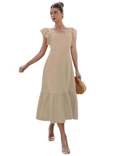 Image of Sugathari Girl's & Women's Solid Color Square Neck, Ruffle-Trimmed Hem Sleeveless, Ruffle Armhole and Casual Dress with Cinched Waist Vacation Outfits Woman (Dress 176)
