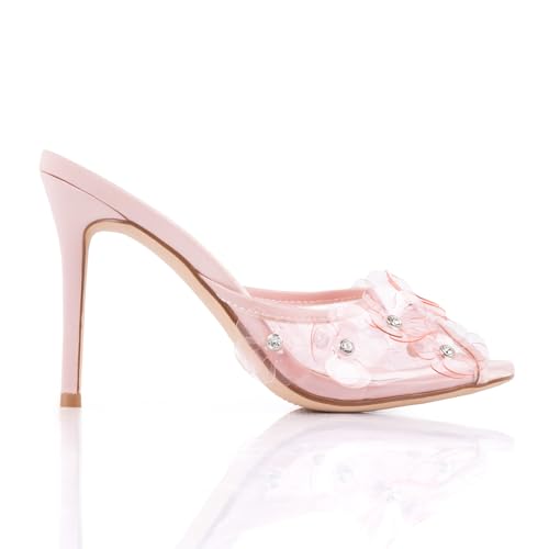 Clear Heels for Women Heeled Sandals Pink High Slip On Sandlas for Women Cute Mules Crystal Flower Slippers for Women White Wedding Slides Summer Shoes3