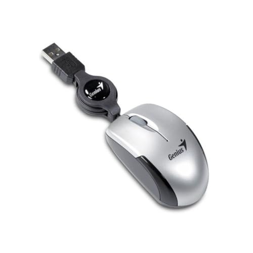 GENIUS Micro Traveler Souris optique USB, 1200 dpi, 3 touches et 1 molette, avec câble rétractable de 74 mm Argent