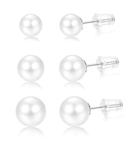 Sllaiss 3 Pairs White Pearl Earrings with 925 Sterling Silver Round Shell Pearl Stud Earrings Set for Women