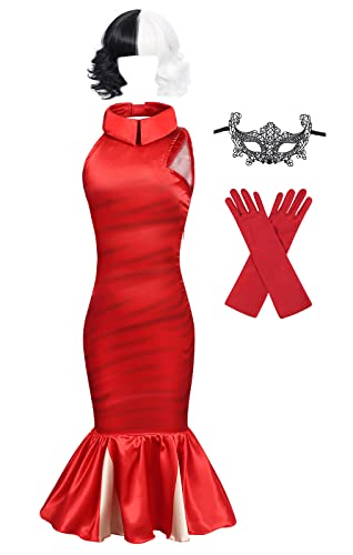 Wonderbabe Kids Girls Cruella Deville Dress Costume Halloween Red Dress Child Cosplay School Daily Dress Up Party With Mask 9-10 Years #TOP9