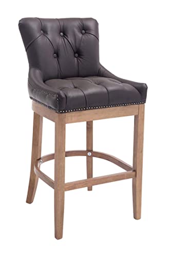 TPFLiving Taburete de bar Wooden Luck con respaldo cómodo y reposapiés cómodo - Estructura de madera marrón claro - Superficie del asiento: cuero genuino marrón