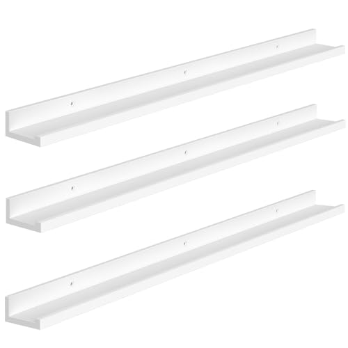 Image of HOOBRO Floating Shelves, Wall Shelf Set of 3, 35.4 Inches Hanging Shelf with Raised Edge and Invisible Brackets, for Bathroom, Bedroom, Kitchen, Office, Living Room Decor, White WT90BJ01