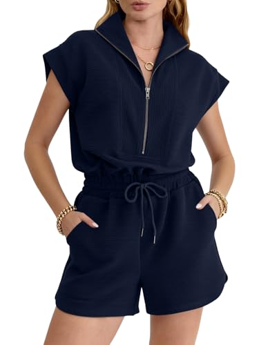 Image of Rompers for Women Summer Short Sleeve Half Zip Lapel Collar Jumpsuit Casual Drawstring One Piece Outfits with Pockets