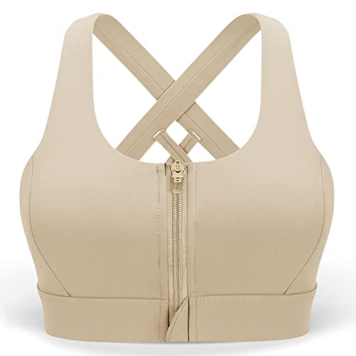 Image of Cordaw Zipper in Front Sports Bra High Impact Strappy Back Support Workout Top