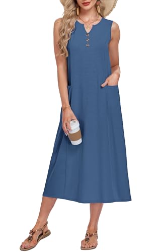 MOLERANI Women's Dresses Midi with Pockets V Neck Sleeveless Button Down Summer Travel Outfits for Women Boho Dress, Beja Blue, 3XL