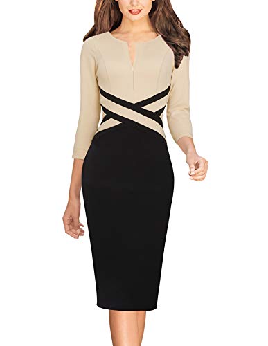 VFSHOW Womens Work Business Casual 3/4 Sleeve Slimming Fitted Front Zipper Crisscross Waist Office Party Pencil Sheath Dress, Beige+black, X-Large
