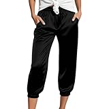 Women's Satin Silky Capri Pajamas Pants Drawstring High Waisted Straight Leg Casual Pants Bottom Loose Lounge Silk Trousers Black,L