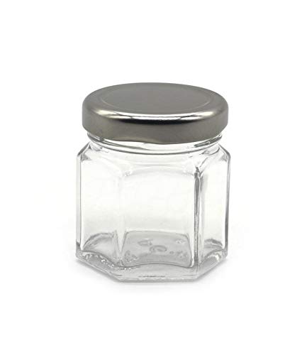 Image of Cute Hexagonal 50 Grams Airtight Glass Jar Containers for Honey, Spices & Other Kitchen Items with Rust Proof Silver Color Caps -Set of 12
