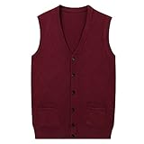 Cárdigan con cuello en V para hombre Sólido sin mangas Suéteres Cárdigans Lana de punto único C, Vino, XXL