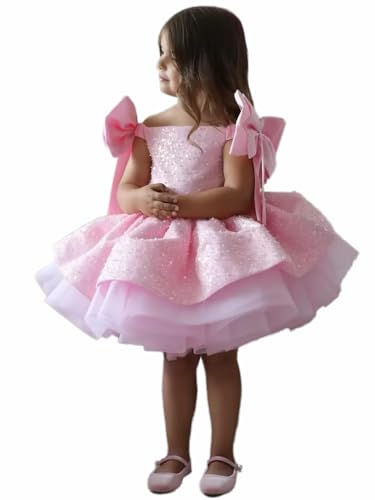 Custom Flower Girl Dress Sequin Tulle Puffy with Bow Short Sleeve for Wedding Party Birthday Banquet Prom Holy Communion Gown