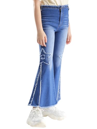Retro Flare Jeans for Girls Kids Casual High Waisted Bell Bottoms Jeans Frayed Raw Hem Denim Pants with Pockets2