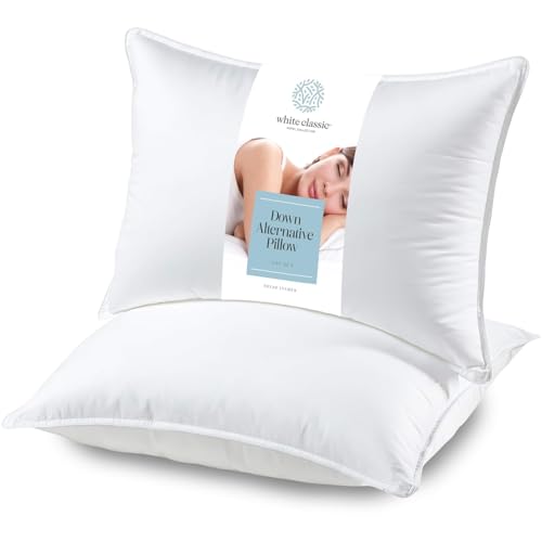 white classic bed pillows for sleeping 2 pack, pillow standard size side sleeper set, down alternative luxury hotel soft pillow 28x20 inches