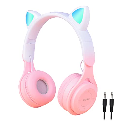 arVin Wireless Kids Headphones, Bluetooth Kids Headset Over Ear with Microphone, Cat Ear LED Light Foldable Child Earphones for Girls Boys Gift Age 5+(Pink)