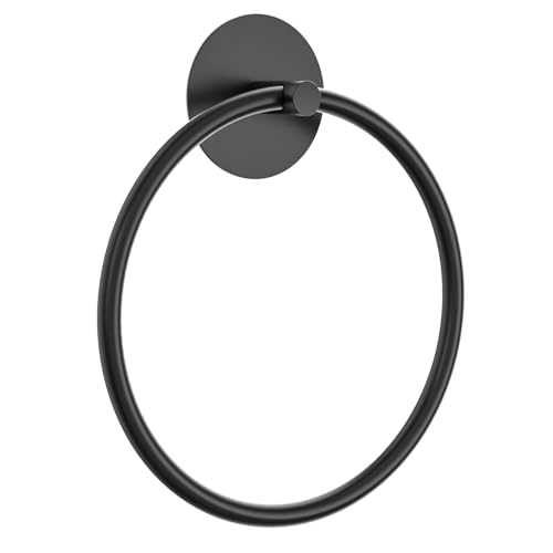 Image of Matte Black Bathroom Towel Ring - SUS304 Stainless Steel Bathroom Towel Rack, Susswiff Adhesive Wall Mounted Hand Towels Holder, Towel Hanger for Bathroom Organizer, Kitchen Storage