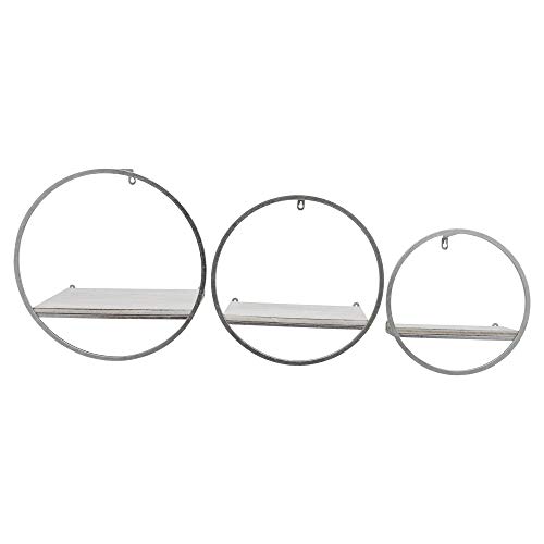 Set of 3 Metal and Wood Round Wall Shelves –