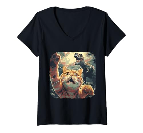 Women's Funny Cat Selfie with T-Rex Dinosaur Cartoon Meme V-Neck T-Shirt