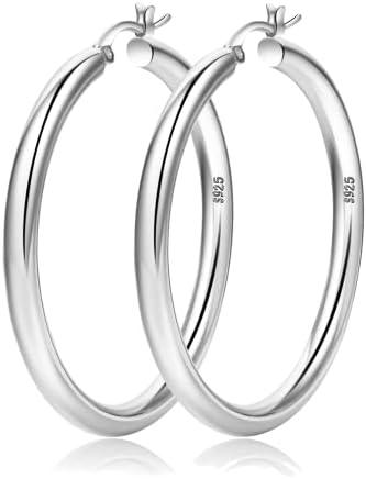 4mm Thick Silver Chunky Earrings Steling Silver Post Hoops Earrings For Women Hollow Tube Hoop Earrings Thick Chunky Silver Hoops Hypoallergenic Lightweight Silver Hoop Large Earrings 20/30/40/50/60MM