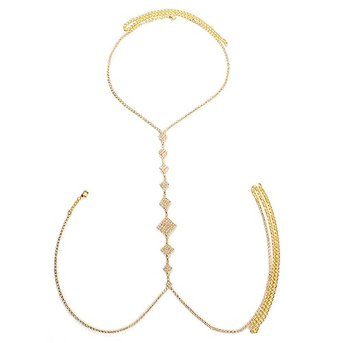 Rhinestone Chest Chain Body Chain Crystal Bikini Bra Chain Summer Beach Nightclub for Women (Gold)