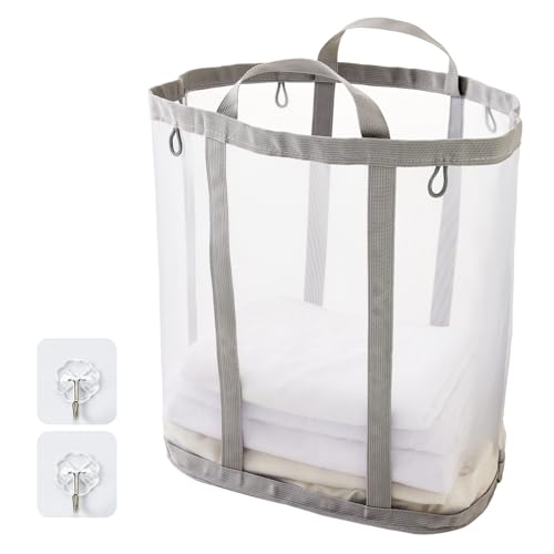 TECHMILLY ランドリーバッグ 折りたたみ 大容量 洗濯カゴ 自立式 軽量 ランドリーバスケット 通気性のよい メッシュ 洗濯バッグ 取っ手付き 粘着フック付き 壁掛け 洗濯物入れ 収納 バッグ ぬいぐるみ収納 旅行 家庭用 キャンプ 長さ40CM幅さ26CM高さ44CM (グレー、1PCS)