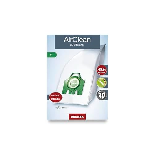 Miele Original AirClean 3D Efficiency U Vacuum Cleaner Bags for Miele Dynamic U1 and S7 Models, Filters More Than 99.9% of Dust, Pack of 4 – 10123230