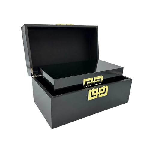 Galt International Storage Box Set Decorative Storage Box w/Hinged Lid Classic Design Wood Decor Boxes with Geometric Clasp Storage for Bedroom & Home - Set of 2 (Black & Gold)
