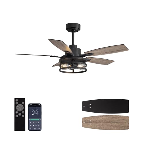 Image of 42 Inch Flush Mount Ceiling Fans with Lights and Remote Control, Farmhouse Ceiling Fan with LED Lighting for Bedroom Living Room and Patio, Black Caged Ceiling Fan for Indoor and Outdoor(NO Bulbs)