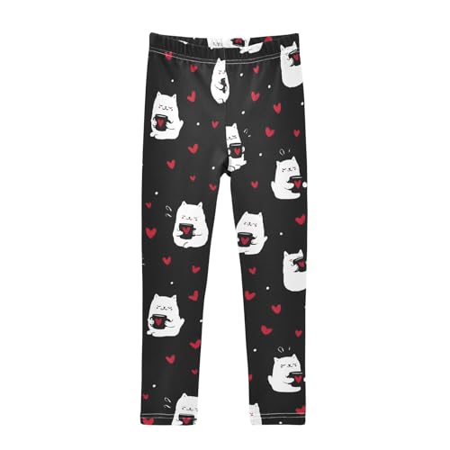 Kitten Cat Heart Black Girls Leggings Ultra Soft Compression Yoga Gym Pants for Kids 4-10T
