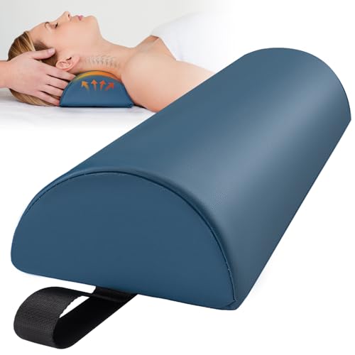 Half Round Massage Bolster for Neckrest, 17 x 6 x 4 in PU Leather Neck Pillow with Strap Handle...
