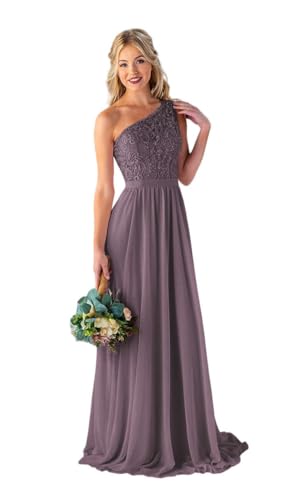 Image of Women's One Shoulder Bridesmaid Dresses Long for Wedding with Pockets Lace Bodice A-Line Chiffon Formal Party Gown
