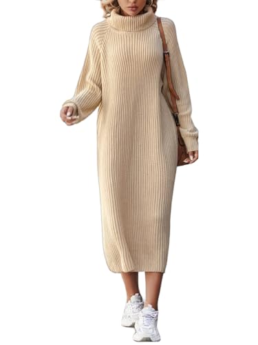 ORANDESIGNE Robe Pull Femme Robe en Tricot à Manches Longues Elégant Col Roulé Pull Sweater Robe Casual Robe Automne Hiver Tunique Chic Midi Robe A Kaki L