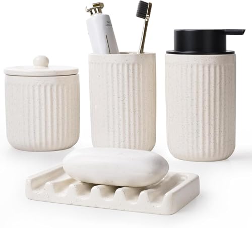 Image of BosilunLife Striped Beige Ceramic Bathroom Accessories Set of 4 | Bathroom Decor Sets Accessories Bathroom Foam Soap Dispenser and Toothbrush Holder Set, Soap Dish, Apothecary Jars.(Foam)