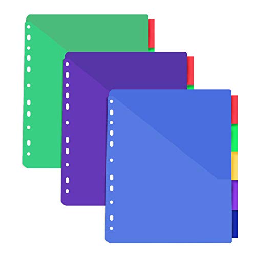 INFUN Plastic Pocket Dividers for 3 Ring Binder, Binder Dividers with 11 Holes and Two Pockets, 5 Subject,3 Set, Total 15 Pack