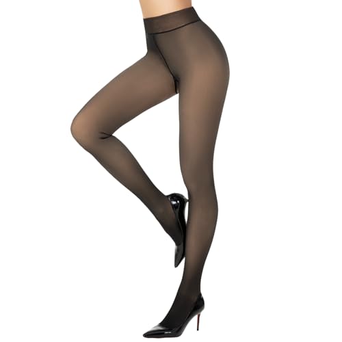 Aaronano Thermo Strumpfhose Damen Winter Gefütterte Strumpfhose Fleece Warm Dick Gefälschte Durchscheinende Thermo Leggings Vanille L-XL