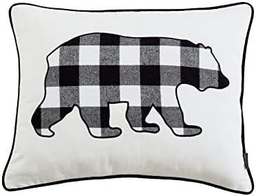 Eddie Bauer Home Throw Pillow with Zipper Closure, Perfect Home Decor for Bed or Sofa, 16" x 20", Cabin Plaid Bear Black/White